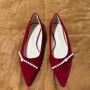 Red Pointed-Toe Flats with Pearls